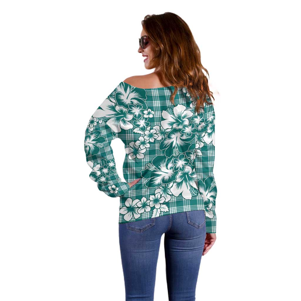 Hibiscus Pakala Aqua Teal Off Shoulder Sweater Tropical Floral Stylized LT01 - Polynesian Pride