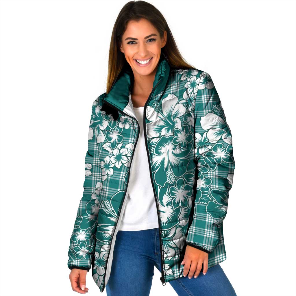 Hibiscus Pakala Aqua Teal Padded Jacket Tropical Floral Stylized - Polynesian Pride