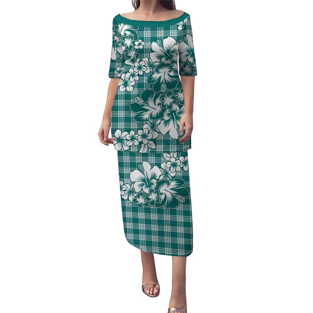 Hibiscus Pakala Aqua Teal Puletasi Tropical Floral Stylized LT01 Long Dress Teal - Polynesian Pride