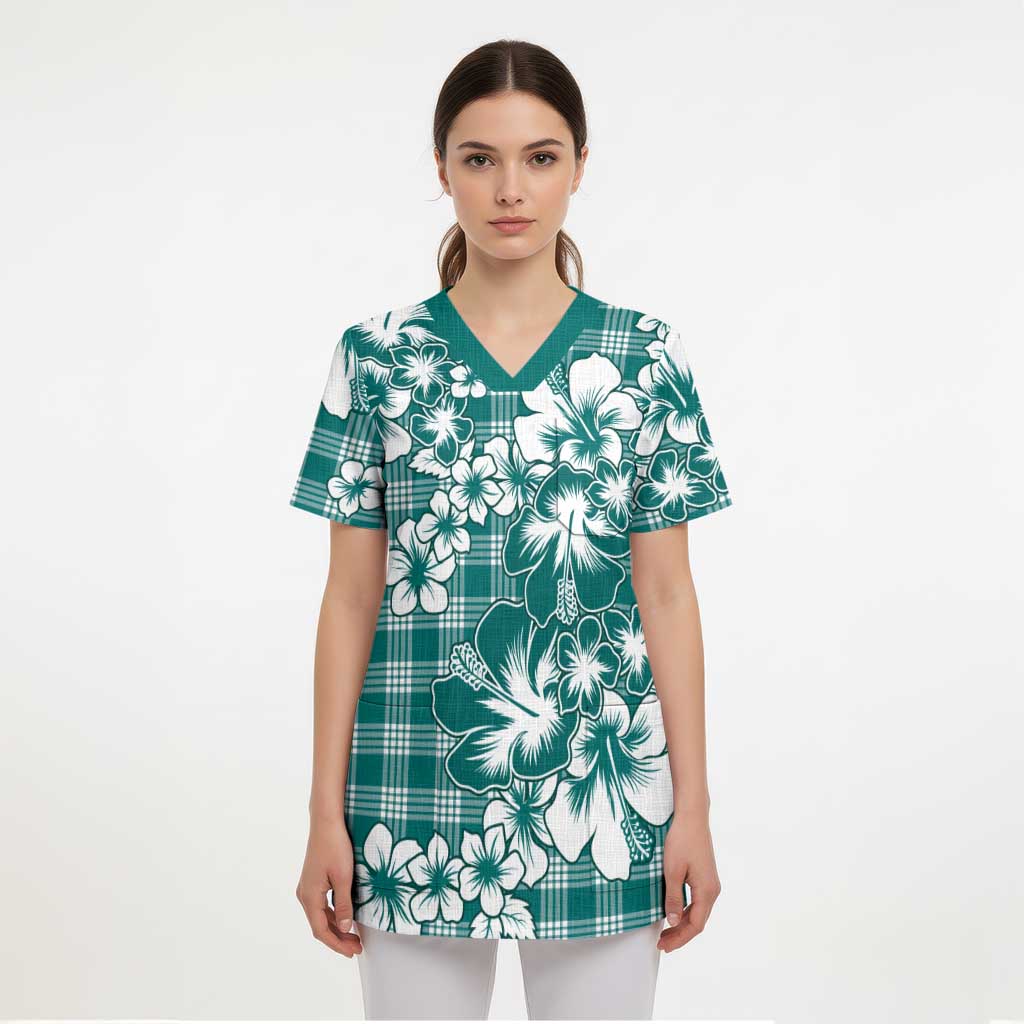 Hibiscus Pakala Aqua Teal Scrub Top Tropical Floral Stylized LT01 - Polynesian Pride