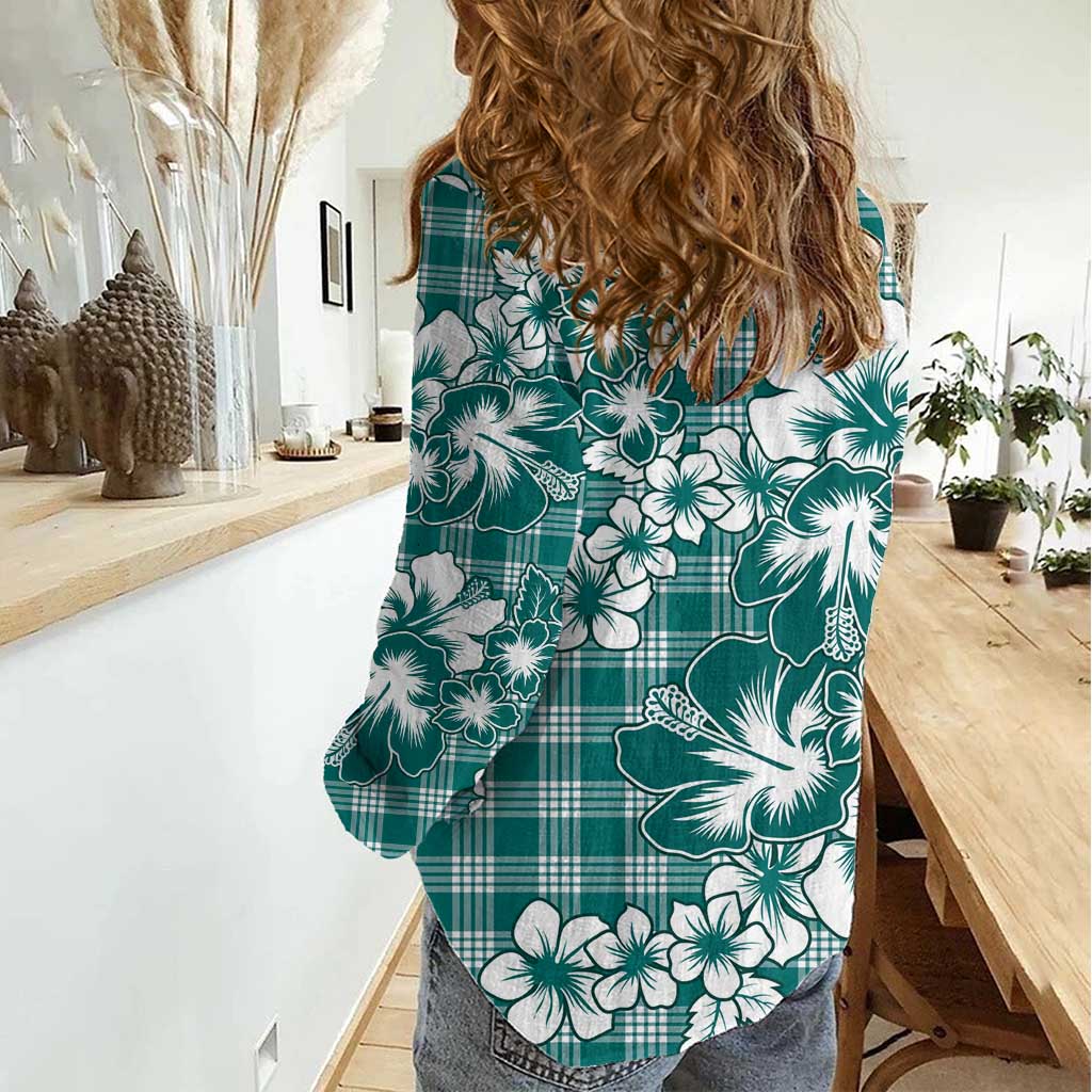 Hibiscus Pakala Aqua Teal Women Casual Shirt Tropical Floral Stylized - Polynesian Pride