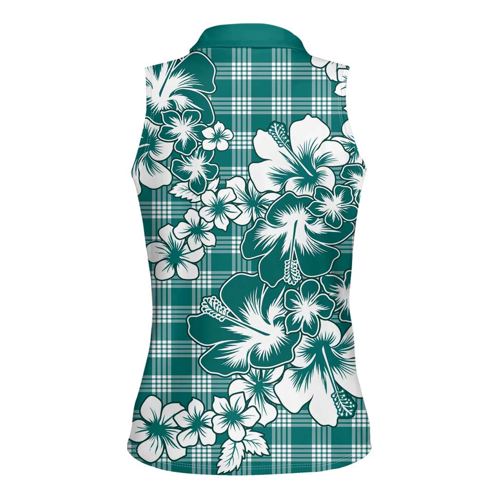 Hibiscus Pakala Aqua Teal Women Sleeveless Polo Shirt Tropical Floral Stylized - Polynesian Pride