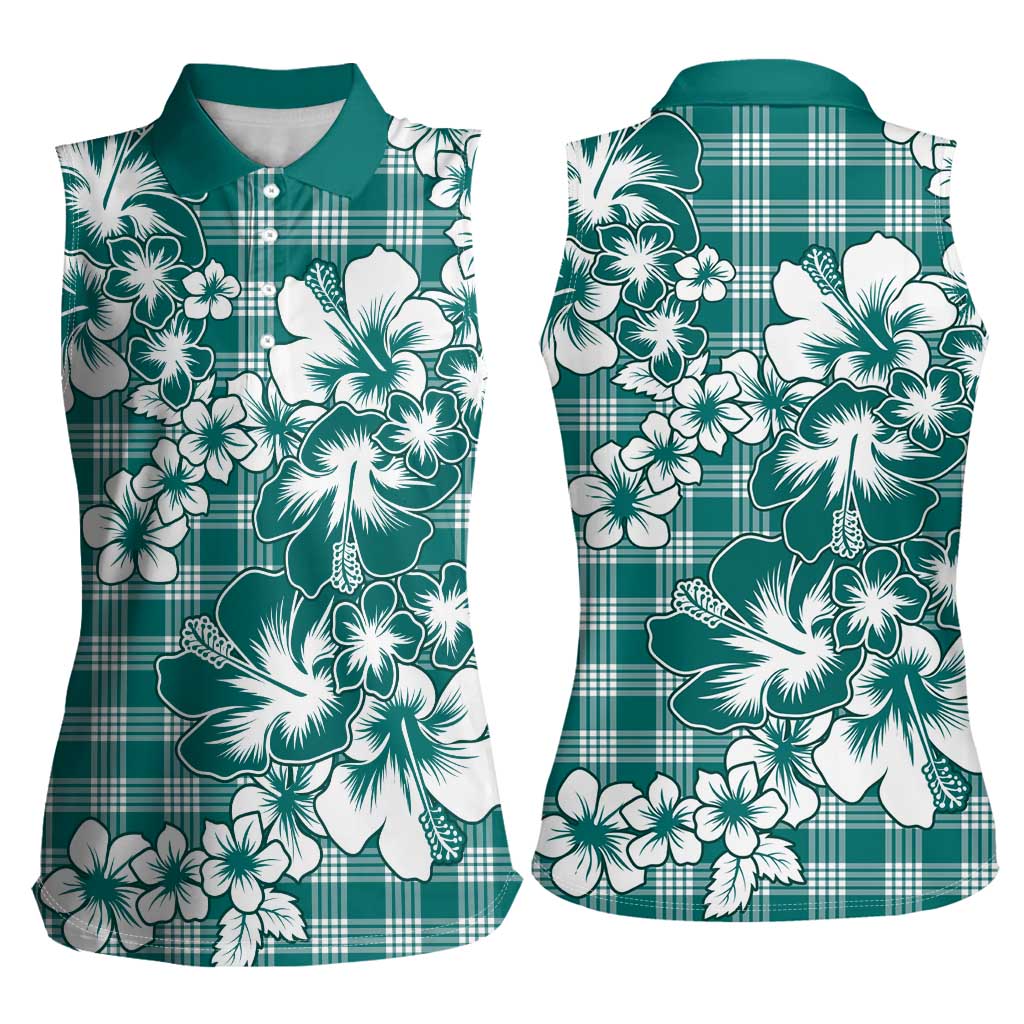 Hibiscus Pakala Aqua Teal Women Sleeveless Polo Shirt Tropical Floral Stylized - Polynesian Pride