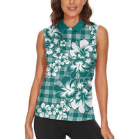 Hibiscus Pakala Aqua Teal Women Sleeveless Polo Shirt Tropical Floral Stylized - Polynesian Pride