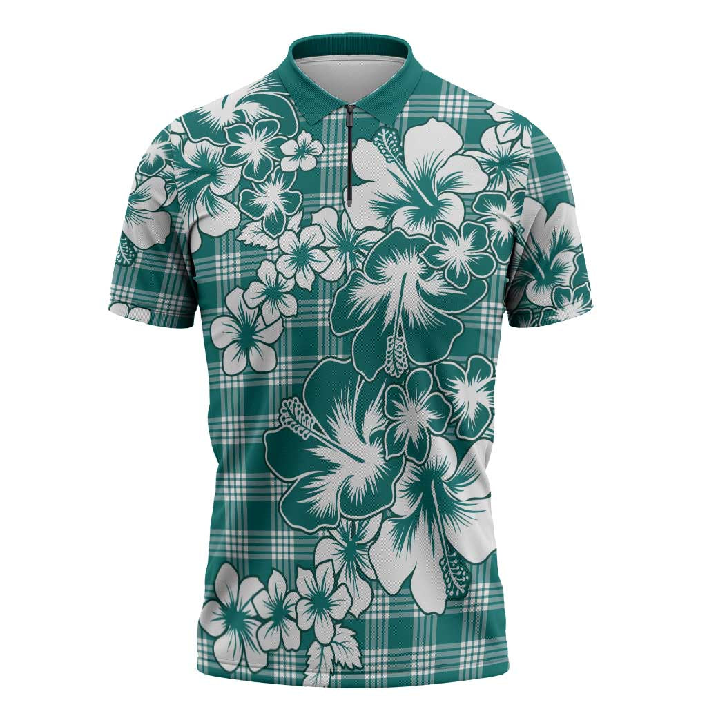 Hibiscus Pakala Aqua Teal Zipper Polo Shirt Tropical Floral Stylized - Polynesian Pride