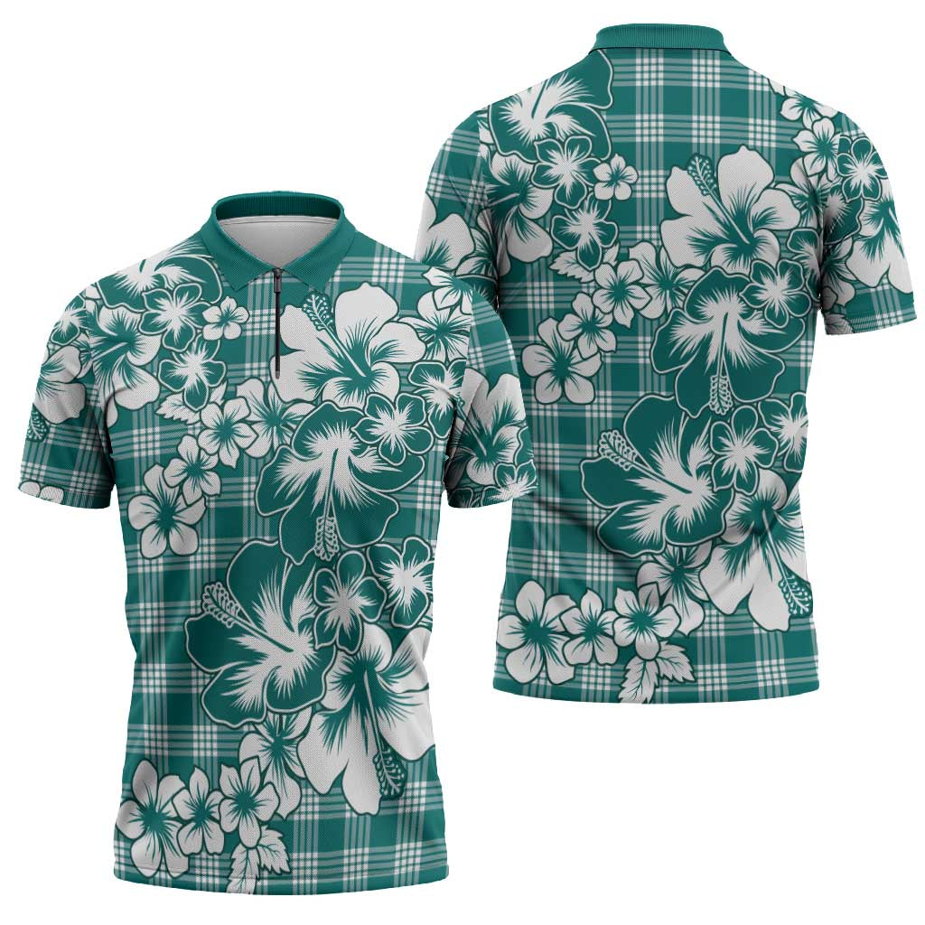 Hibiscus Pakala Aqua Teal Zipper Polo Shirt Tropical Floral Stylized - Polynesian Pride
