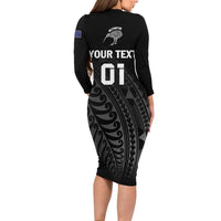 Custom New Zealand Cricket Long Sleeve Bodycon Dress Maori Kiwi Black Fern