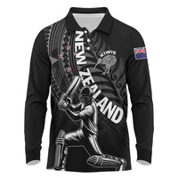 Custom New Zealand Cricket Long Sleeve Polo Shirt Maori Kiwi Black Fern