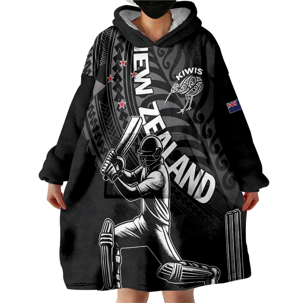 Custom New Zealand Cricket Wearable Blanket Hoodie Maori Kiwi Black Fern LT01 - Polynesian Pride