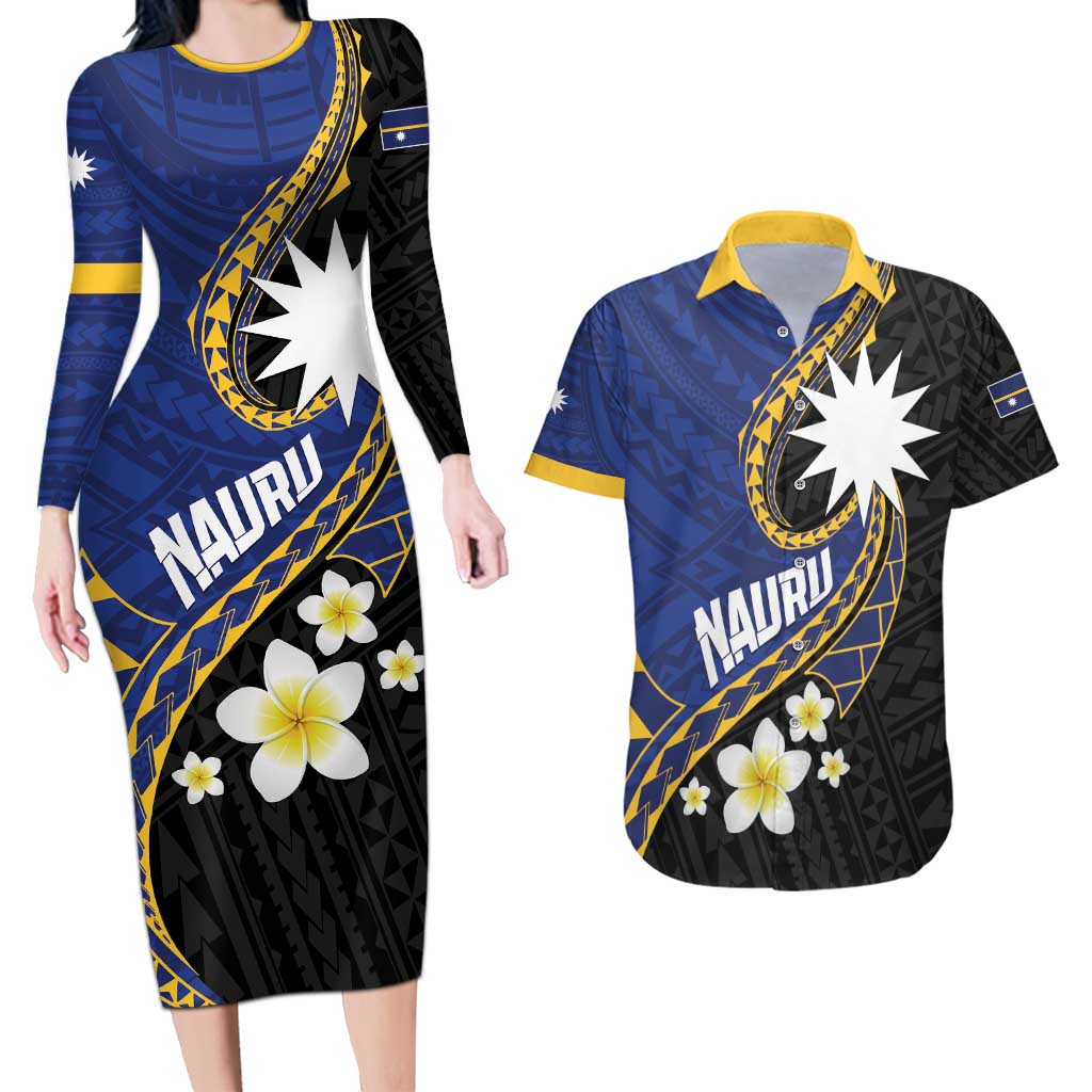 Personalised Nauru Couples Matching Long Sleeve Bodycon Dress and Hawaiian Shirt Naoero Proud Plumeria
