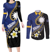 Personalised Nauru Couples Matching Long Sleeve Bodycon Dress and Long Sleeve Button Shirt Naoero Proud Plumeria