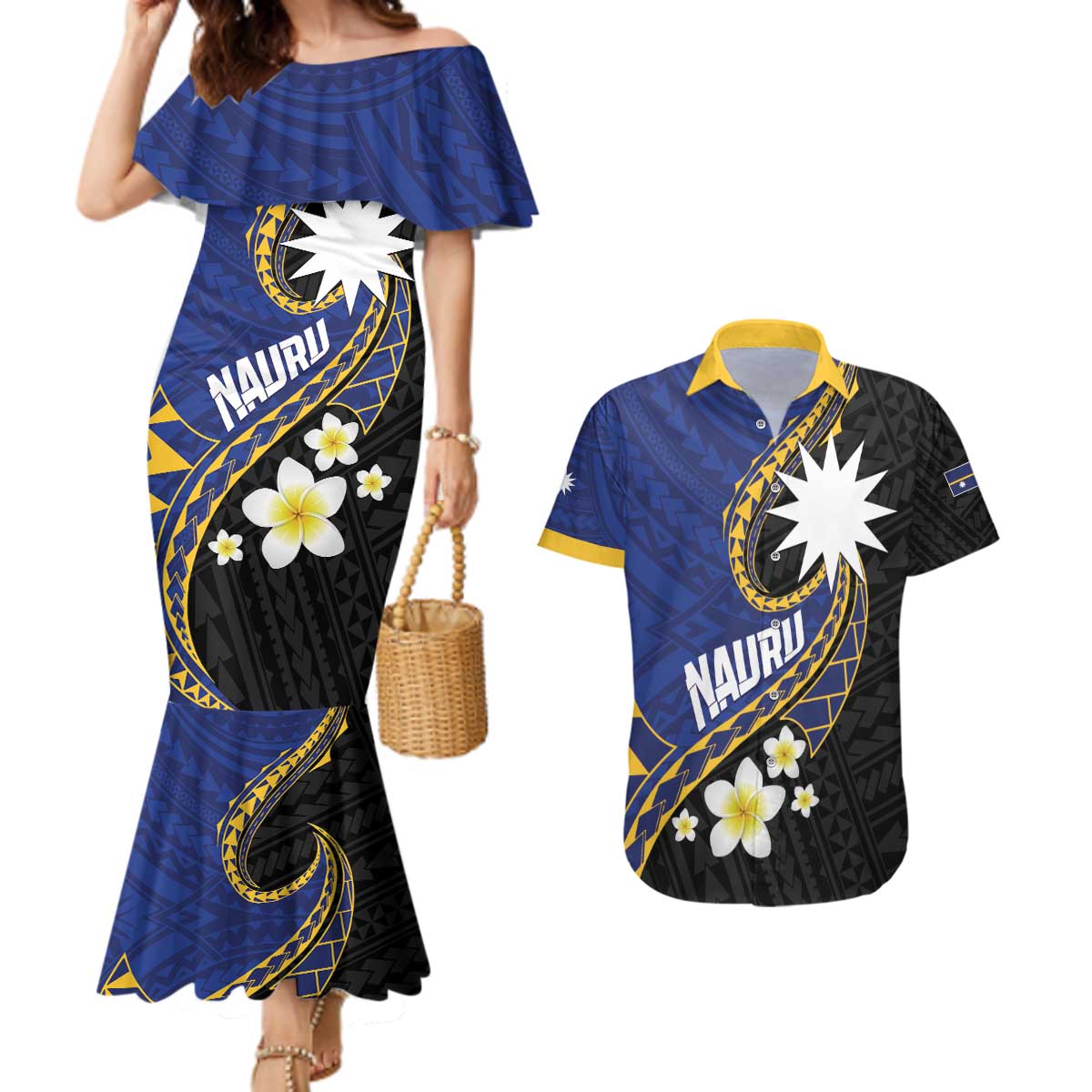 Personalised Nauru Couples Matching Mermaid Dress and Hawaiian Shirt Naoero Proud Plumeria