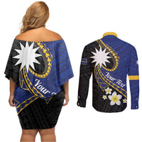 Personalised Nauru Couples Matching Off Shoulder Short Dress and Long Sleeve Button Shirt Naoero Proud Plumeria