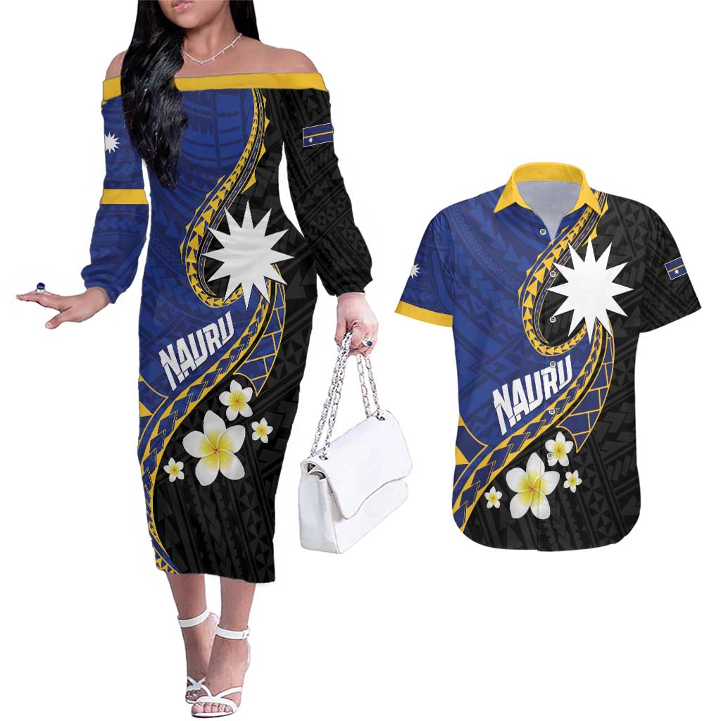 Personalised Nauru Couples Matching Off The Shoulder Long Sleeve Dress and Hawaiian Shirt Naoero Proud Plumeria