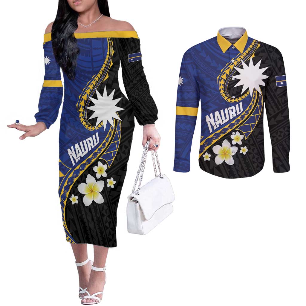Personalised Nauru Couples Matching Off The Shoulder Long Sleeve Dress and Long Sleeve Button Shirt Naoero Proud Plumeria