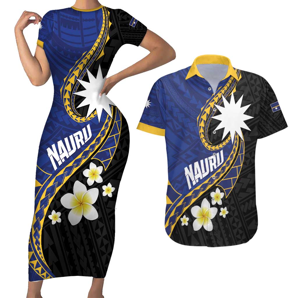 Personalised Nauru Couples Matching Short Sleeve Bodycon Dress and Hawaiian Shirt Naoero Proud Plumeria