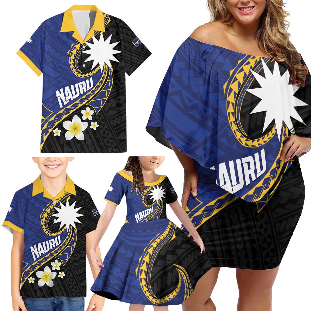 Personalised Nauru Family Matching Off Shoulder Short Dress and Hawaiian Shirt Naoero Proud Plumeria
