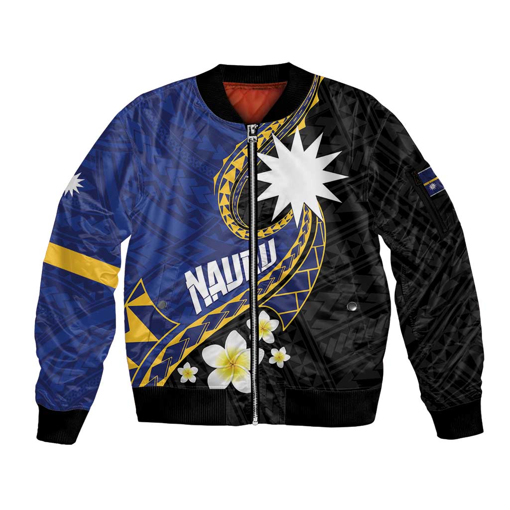 Personalised Nauru Sleeve Zip Bomber Jacket Naoero Proud Plumeria LT01 Unisex Blue - Polynesian Pride
