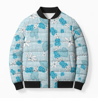 Hawaii Anthurium Tiare Pikake Lei Bomber Puffer Jacket UliUli Lauhala Art Pattern