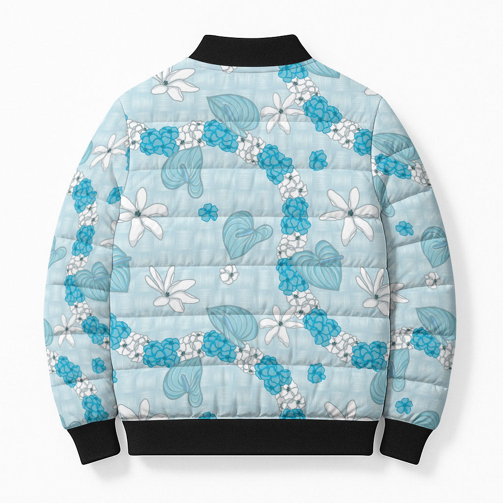 Hawaii Anthurium Tiare Pikake Lei Bomber Puffer Jacket UliUli Lauhala Art Pattern