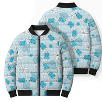 Hawaii Anthurium Tiare Pikake Lei Bomber Puffer Jacket UliUli Lauhala Art Pattern