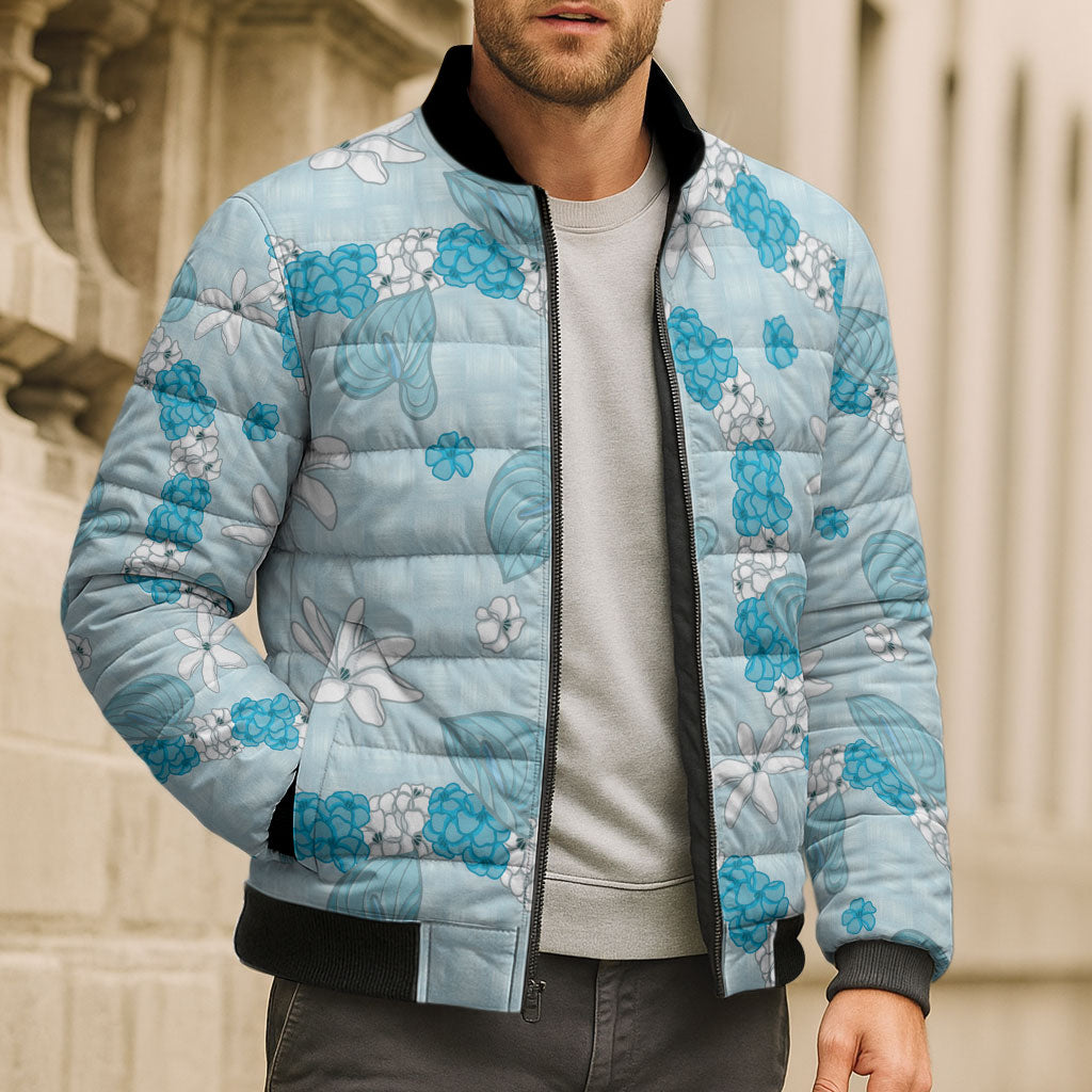 Hawaii Anthurium Tiare Pikake Lei Bomber Puffer Jacket UliUli Lauhala Art Pattern