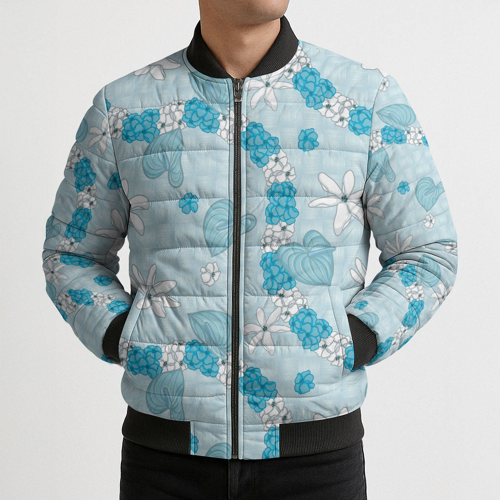 Hawaii Anthurium Tiare Pikake Lei Bomber Puffer Jacket UliUli Lauhala Art Pattern