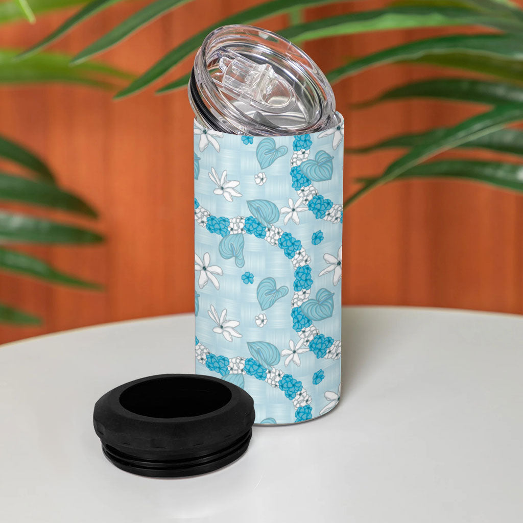 Hawaii Anthurium Tiare Pikake Lei 4 in 1 Can Cooler Tumbler UliUli Lauhala Art Pattern