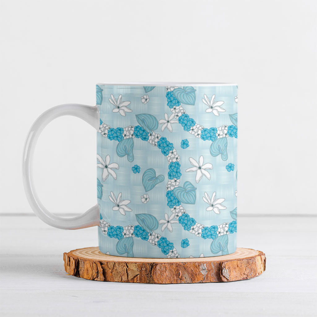 Hawaii Anthurium Tiare Pikake Lei Ceramic Mug UliUli Lauhala Art Pattern