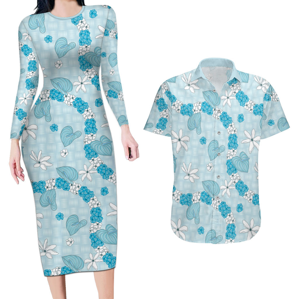 Hawaii Anthurium Tiare Pikake Lei Couples Matching Long Sleeve Bodycon Dress and Hawaiian Shirt UliUli Lauhala Art Pattern