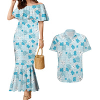 Hawaii Anthurium Tiare Pikake Lei Couples Matching Mermaid Dress and Hawaiian Shirt UliUli Lauhala Art Pattern LT01 Blue - Polynesian Pride