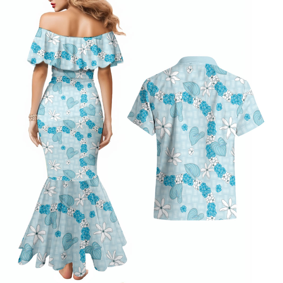 Hawaii Anthurium Tiare Pikake Lei Couples Matching Mermaid Dress and Hawaiian Shirt UliUli Lauhala Art Pattern LT01 - Polynesian Pride