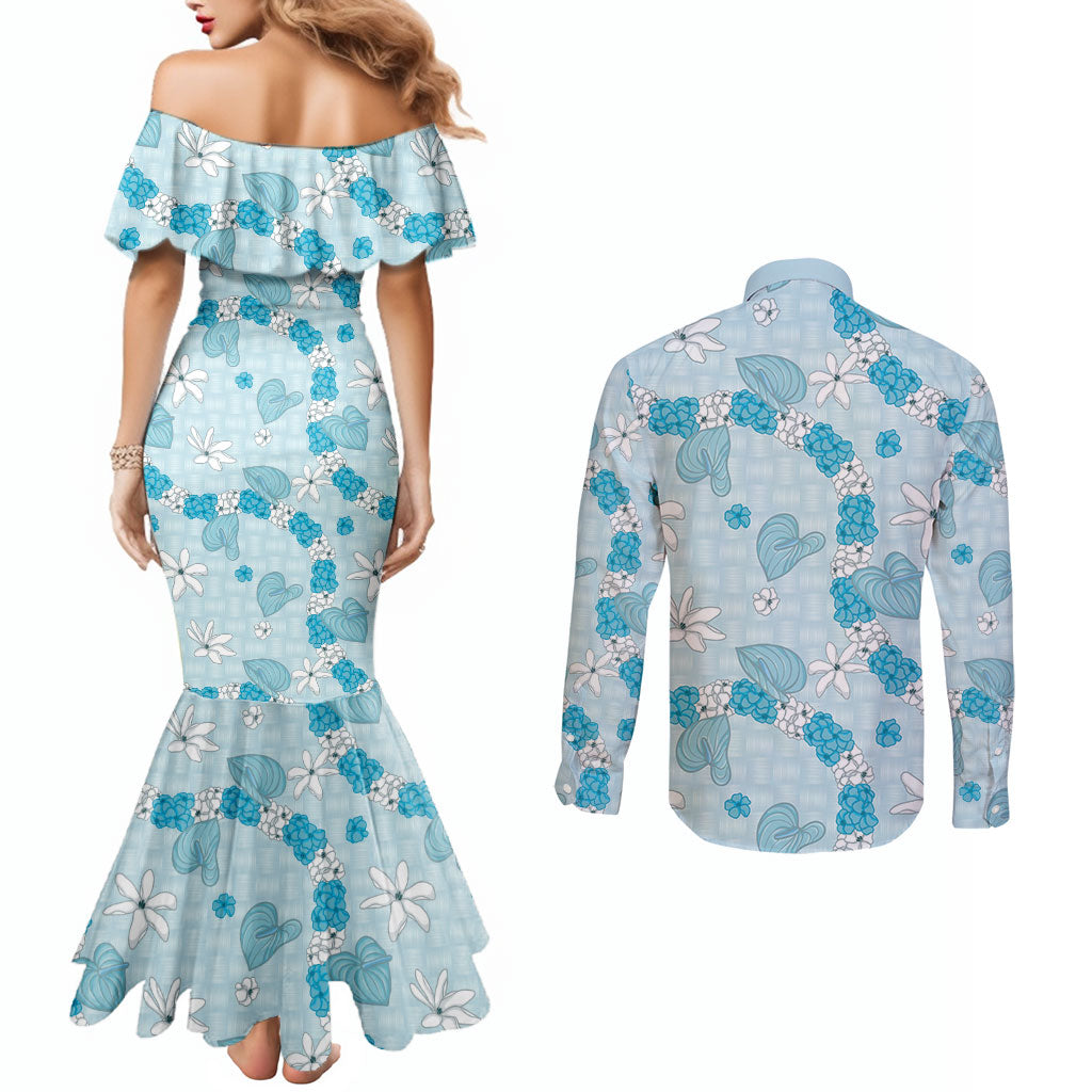 Hawaii Anthurium Tiare Pikake Lei Couples Matching Mermaid Dress and Long Sleeve Button Shirt UliUli Lauhala Art Pattern
