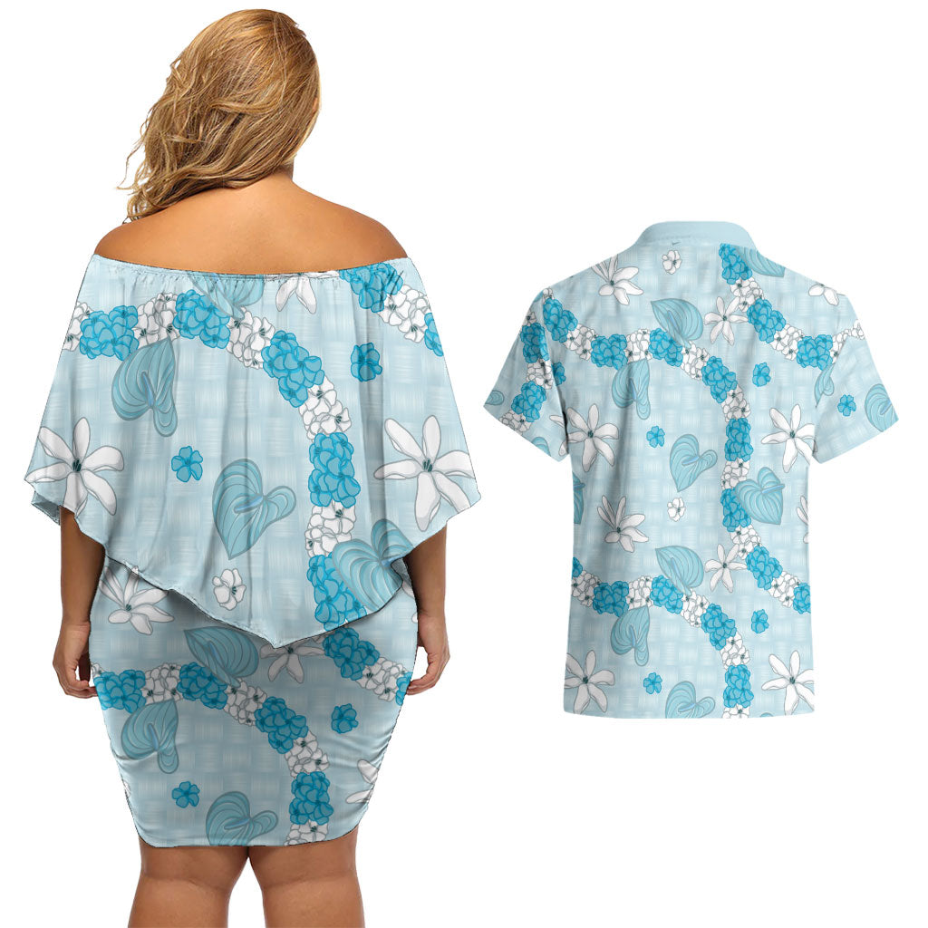 Hawaii Anthurium Tiare Pikake Lei Couples Matching Off Shoulder Short Dress and Hawaiian Shirt UliUli Lauhala Art Pattern LT01 - Polynesian Pride