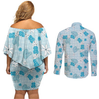 Hawaii Anthurium Tiare Pikake Lei Couples Matching Off Shoulder Short Dress and Long Sleeve Button Shirt UliUli Lauhala Art Pattern