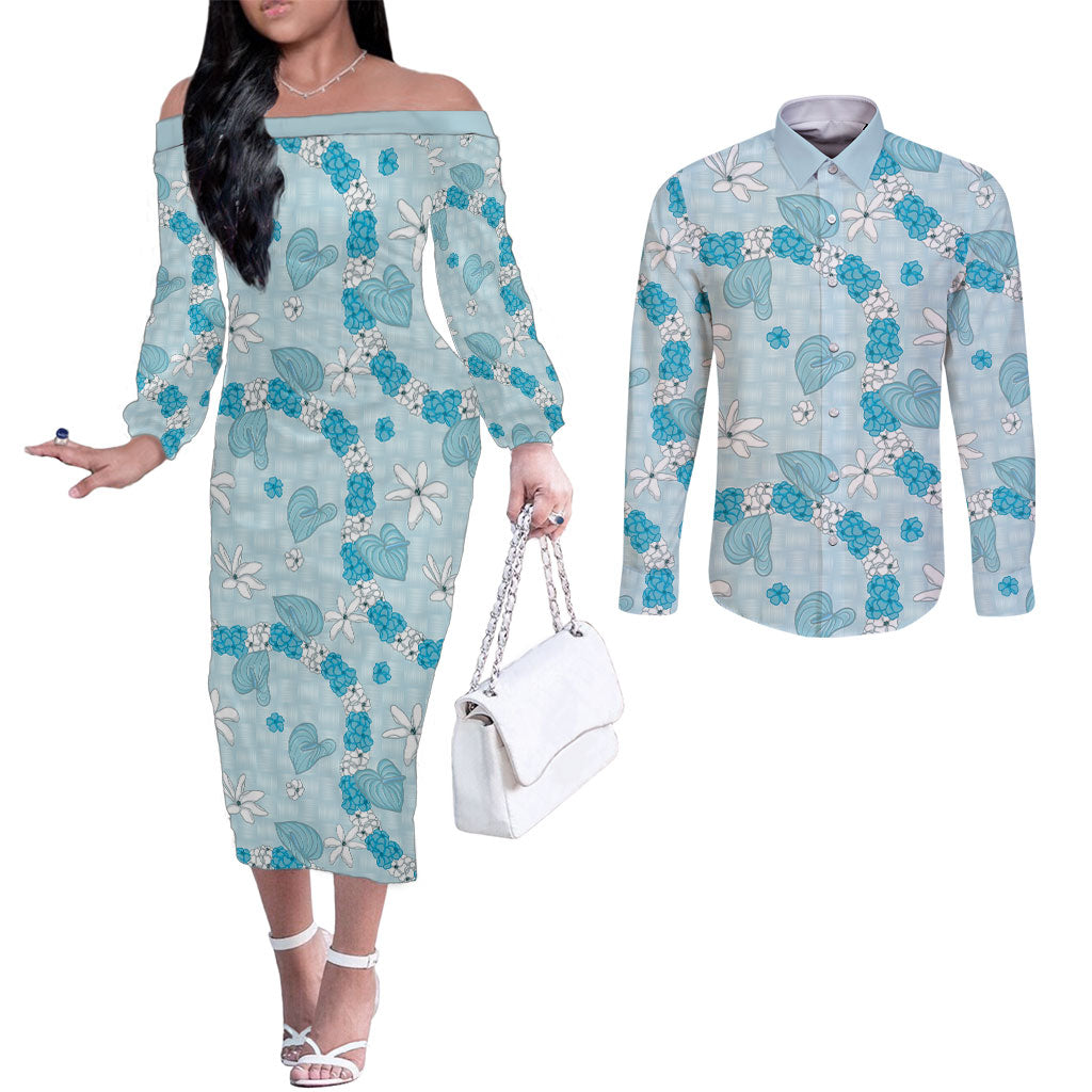 Hawaii Anthurium Tiare Pikake Lei Couples Matching Off The Shoulder Long Sleeve Dress and Long Sleeve Button Shirt UliUli Lauhala Art Pattern LT01 Blue - Polynesian Pride