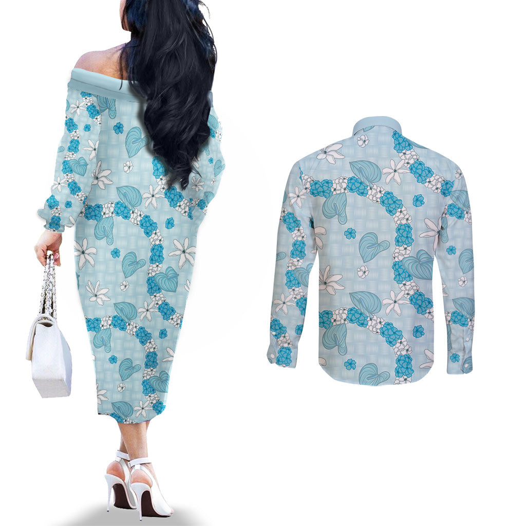 Hawaii Anthurium Tiare Pikake Lei Couples Matching Off The Shoulder Long Sleeve Dress and Long Sleeve Button Shirt UliUli Lauhala Art Pattern LT01 - Polynesian Pride