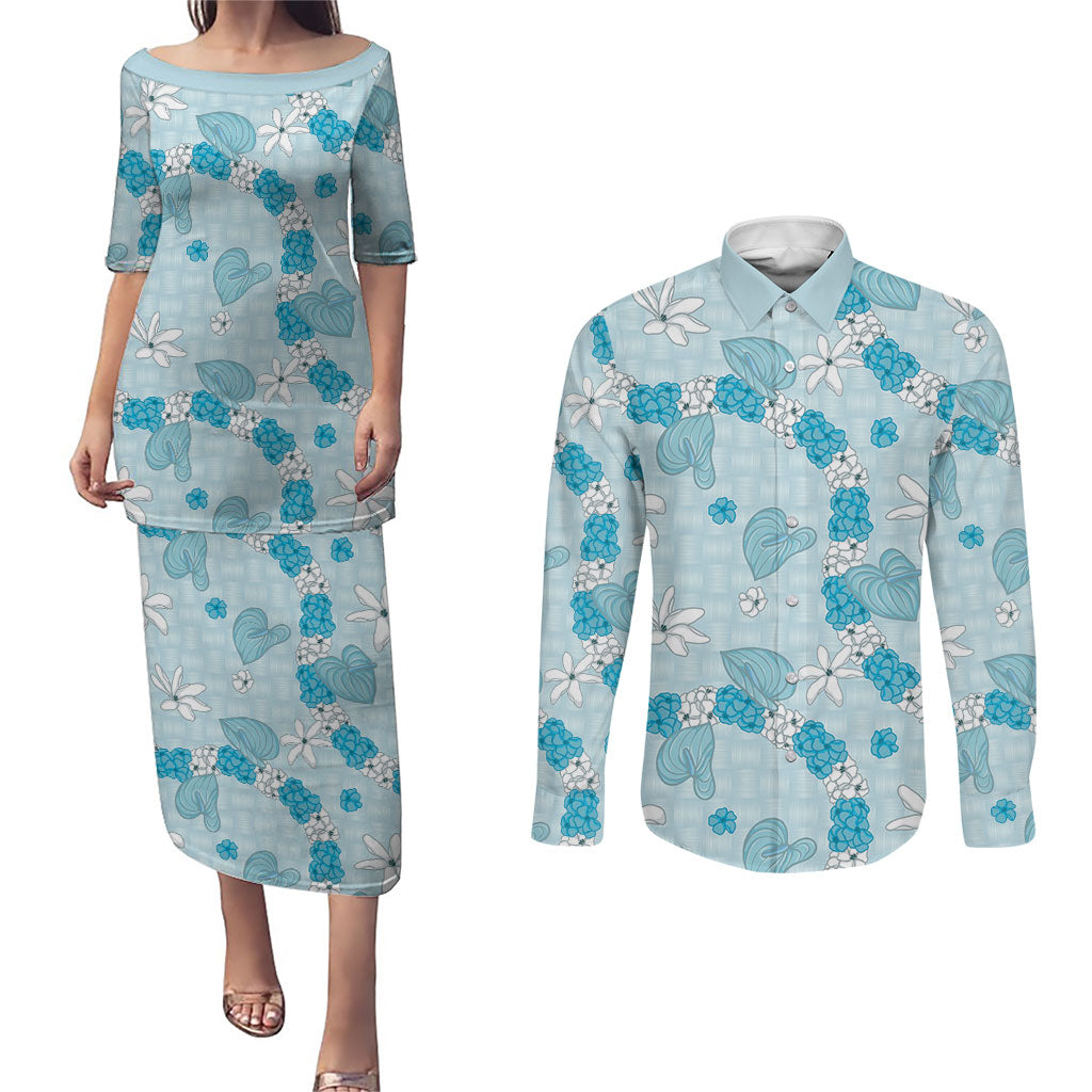 Hawaii Anthurium Tiare Pikake Lei Couples Matching Puletasi and Long Sleeve Button Shirt UliUli Lauhala Art Pattern LT01 Blue - Polynesian Pride