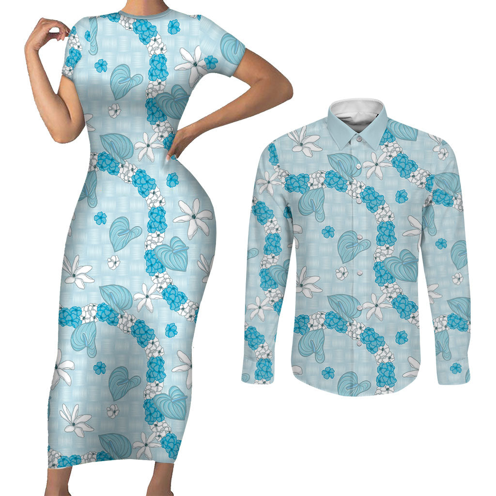 Hawaii Anthurium Tiare Pikake Lei Couples Matching Short Sleeve Bodycon Dress and Long Sleeve Button Shirt UliUli Lauhala Art Pattern LT01 Blue - Polynesian Pride