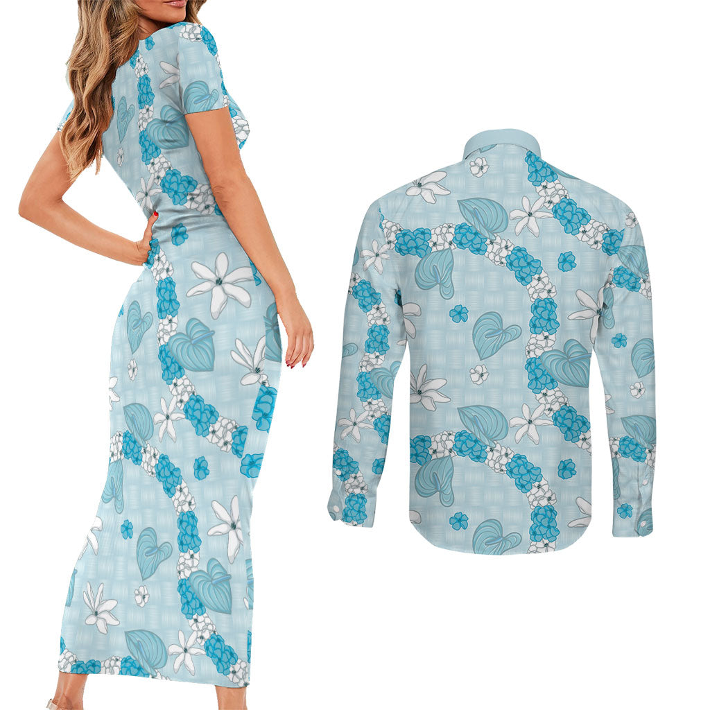 Hawaii Anthurium Tiare Pikake Lei Couples Matching Short Sleeve Bodycon Dress and Long Sleeve Button Shirt UliUli Lauhala Art Pattern LT01 - Polynesian Pride
