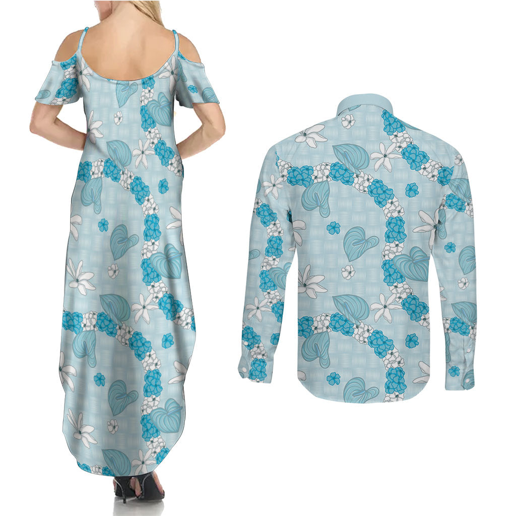 Hawaii Anthurium Tiare Pikake Lei Couples Matching Summer Maxi Dress and Long Sleeve Button Shirt UliUli Lauhala Art Pattern