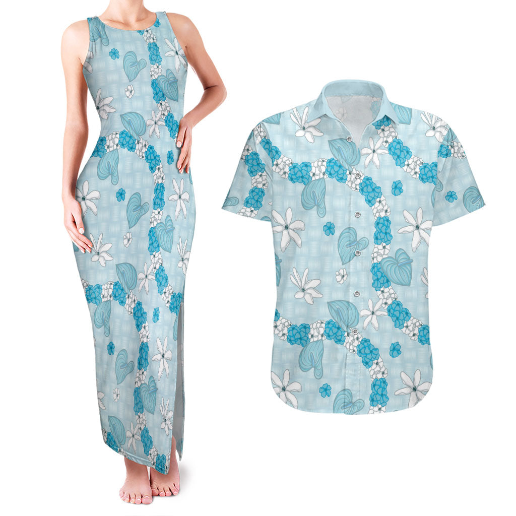 Hawaii Anthurium Tiare Pikake Lei Couples Matching Tank Maxi Dress and Hawaiian Shirt UliUli Lauhala Art Pattern LT01 Blue - Polynesian Pride