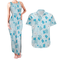 Hawaii Anthurium Tiare Pikake Lei Couples Matching Tank Maxi Dress and Hawaiian Shirt UliUli Lauhala Art Pattern LT01 Blue - Polynesian Pride