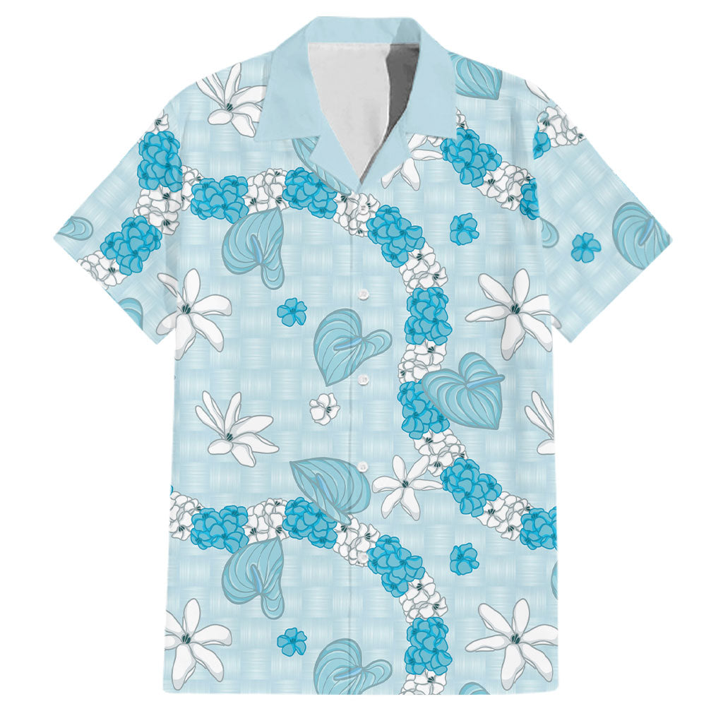 Hawaii Anthurium Tiare Pikake Lei Family Matching Off Shoulder Short Dress and Hawaiian Shirt UliUli Lauhala Art Pattern LT01 Dad's Shirt - Short Sleeve Blue - Polynesian Pride