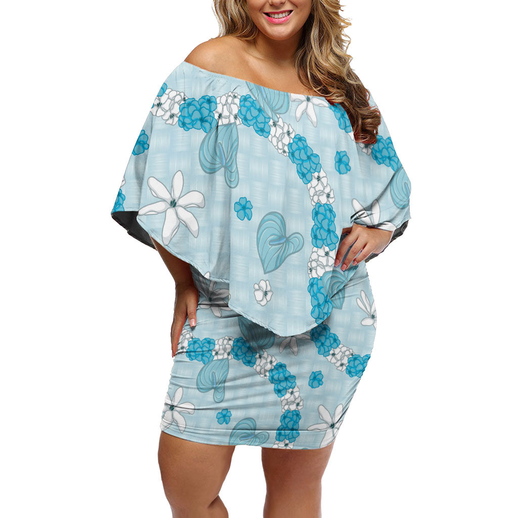 Hawaii Anthurium Tiare Pikake Lei Family Matching Off Shoulder Short Dress and Hawaiian Shirt UliUli Lauhala Art Pattern LT01 Mom's Dress Blue - Polynesian Pride