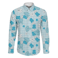 Hawaii Anthurium Tiare Pikake Lei Family Matching Puletasi and Hawaiian Shirt UliUli Lauhala Art Pattern LT01 Dad's Shirt - Long Sleeve Blue - Polynesian Pride