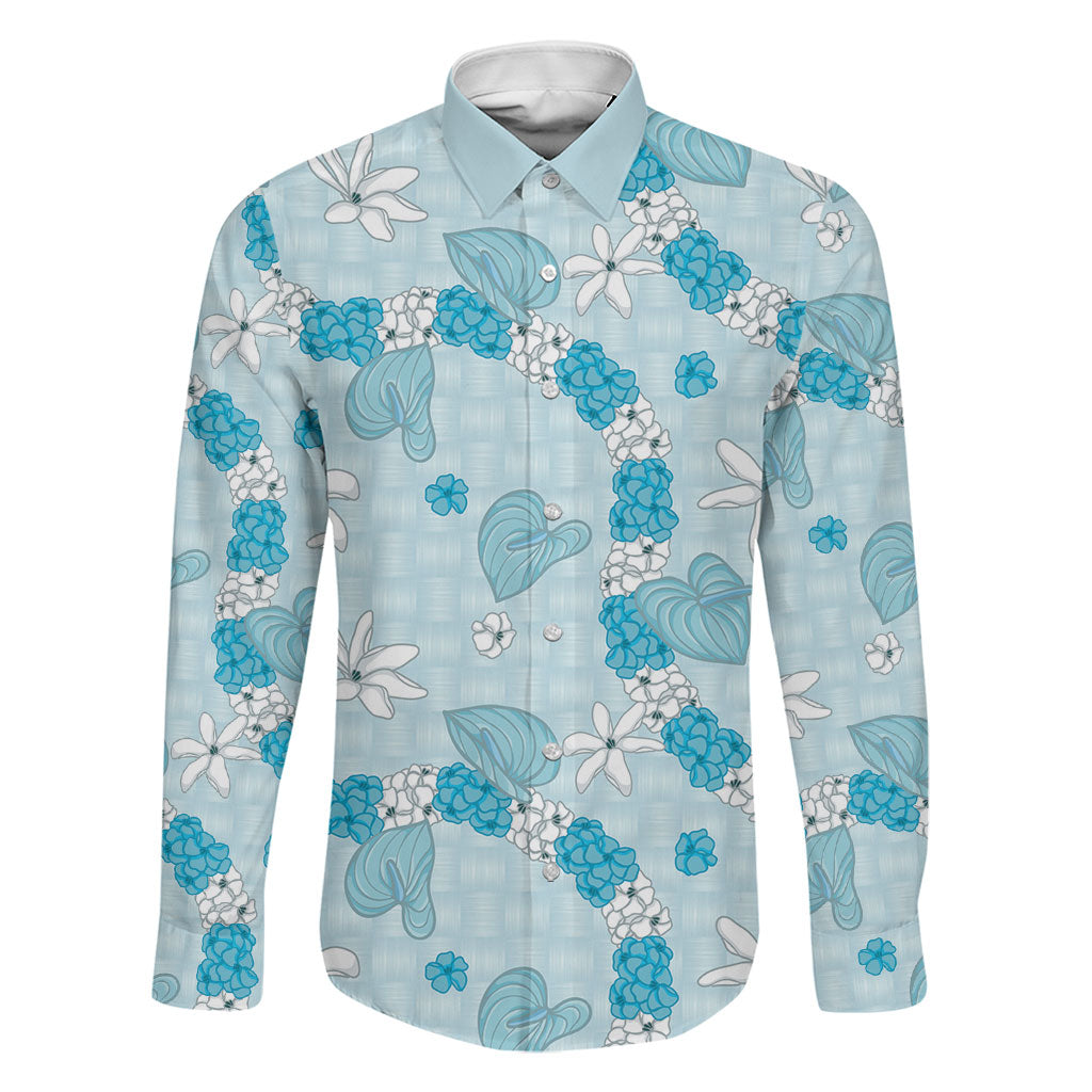 Hawaii Anthurium Tiare Pikake Lei Family Matching Summer Maxi Dress and Hawaiian Shirt UliUli Lauhala Art Pattern LT01 Dad's Shirt - Long Sleeve Blue - Polynesian Pride
