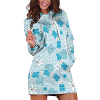 Hawaii Anthurium Tiare Pikake Lei Hoodie Dress UliUli Lauhala Art Pattern LT01 Blue - Polynesian Pride