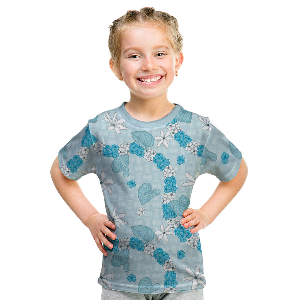 Hawaii Anthurium Tiare Pikake Lei Kid T Shirt UliUli Lauhala Art Pattern LT01 Blue - Polynesian Pride