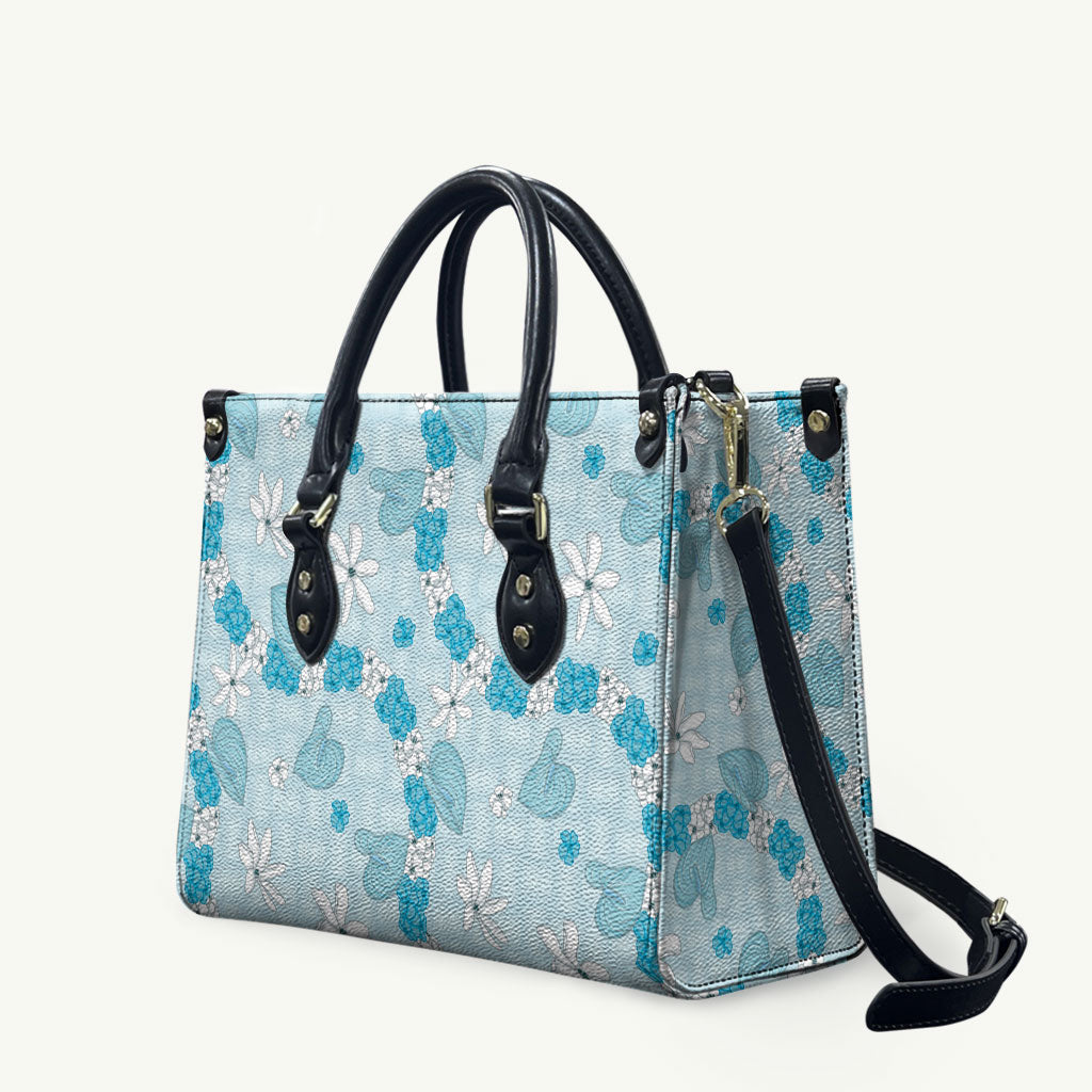 Hawaii Anthurium Tiare Pikake Lei Leather Bag UliUli Lauhala Art Pattern LT01 Blue - Polynesian Pride